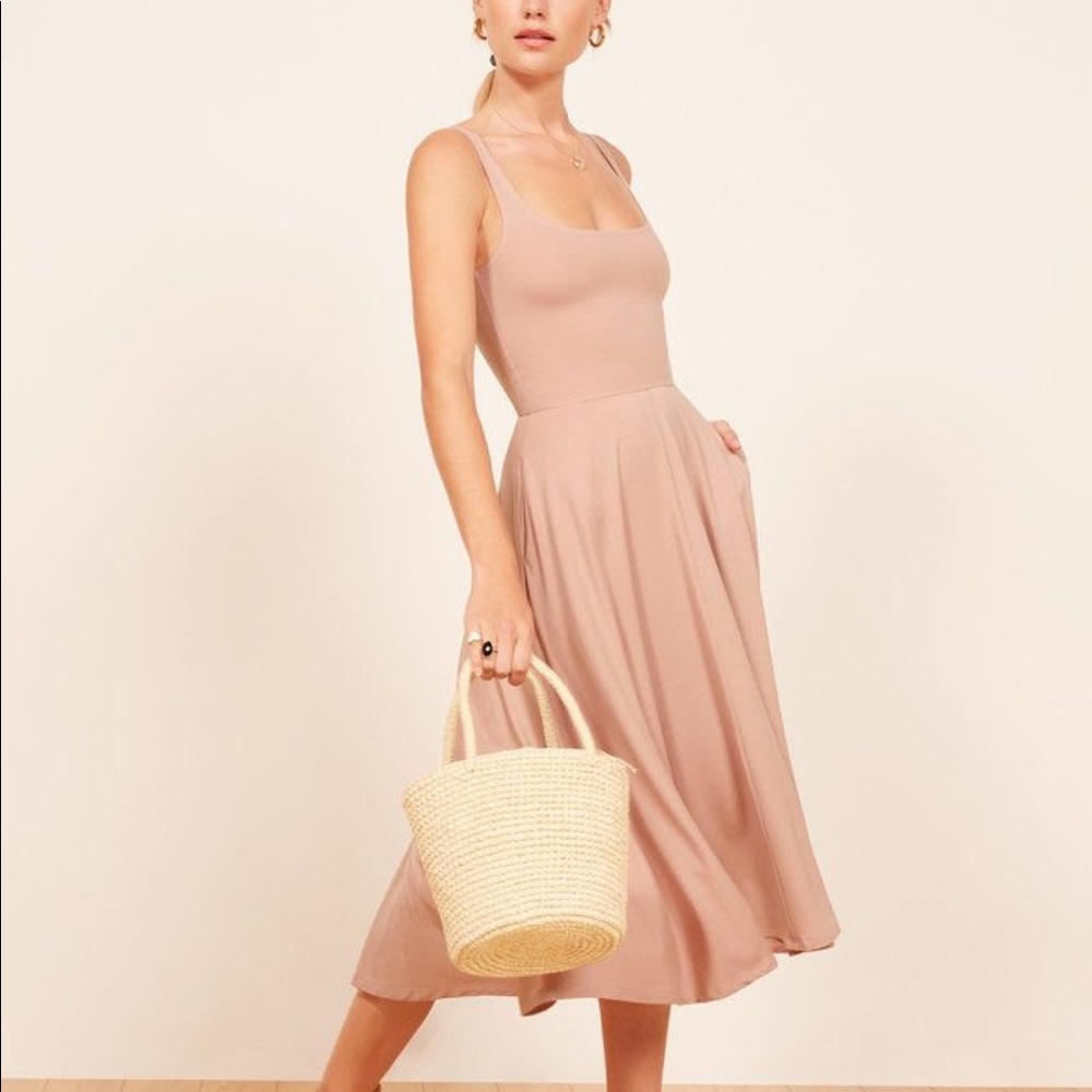 REFORMATION Rou Midi Dress w/ Pockets - Blush, L